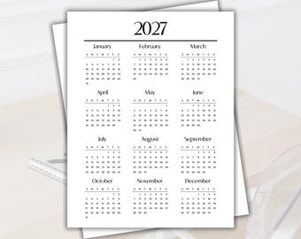 Kalender 2027 in één oogopslag afdrukbaar, kalender jaaroverzicht, kalender 2027, maandoverzicht, digitale planner 2027, kalenderplanner