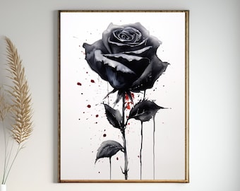 Schwarze Rose Malerei, Schwarz und Rot Botanische Aquarellkunst, Digitaler Download Kunst, Schwarze Aquarell Botanische Kunst, Wohnzimmer Dekor