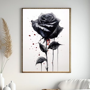 Black Rose Painting, Black and Red Botanical Watercolor Art, Digital Download Art, Black Watercolor Botanical Art, Living Room Decor