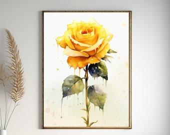 Yellow Rose Painting, Watercolor Yellow Rose Painting, Downloadable Art, Yellow Rose Art