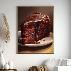 Dessert Art Painting Wall Decor,  Chocolate Cake Kitchen Artwork, Dessert Themed Dining Room Art