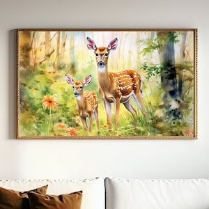 Ilustración de cervatillo y gama, arte de la pared de ciervos, impresión de acuarela de ciervos, decoración de la pared de la guardería, regalo para la nueva madre