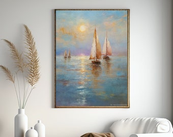 Seascapes oil painting, sail boat painting, vintage nautical painting, sailboat print, Gift for sea lover