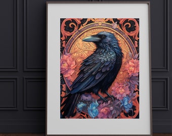 Crow nouveau, obras de arte de cuervo, pintura de cuervo, impresión de decoración de pared, obra de arte gótico, decoración gótica, gothcore, regalo para hija