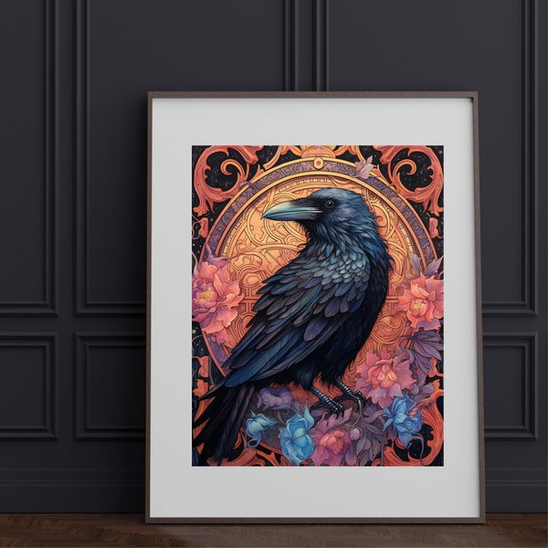 Crow nouveau, crow artwork, crow painting, wall decor print, gothic art work, goth decor, gothcore, gift for daughter