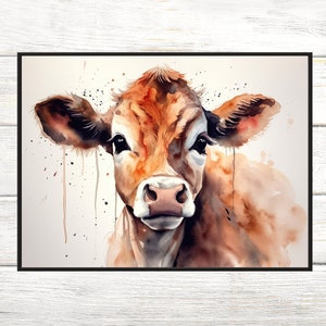 Baby Cow Painting, Downloadable Art, Watercolor Cow Print, Baby Cow Art, Calf Art, Orange Country Home Art Decor