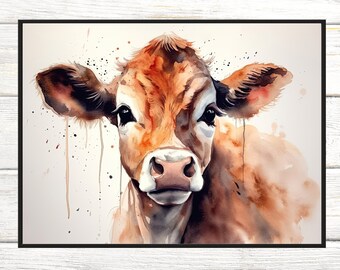 子牛の水彩画、牛のポスターアート、田舎の家のための子牛のアート