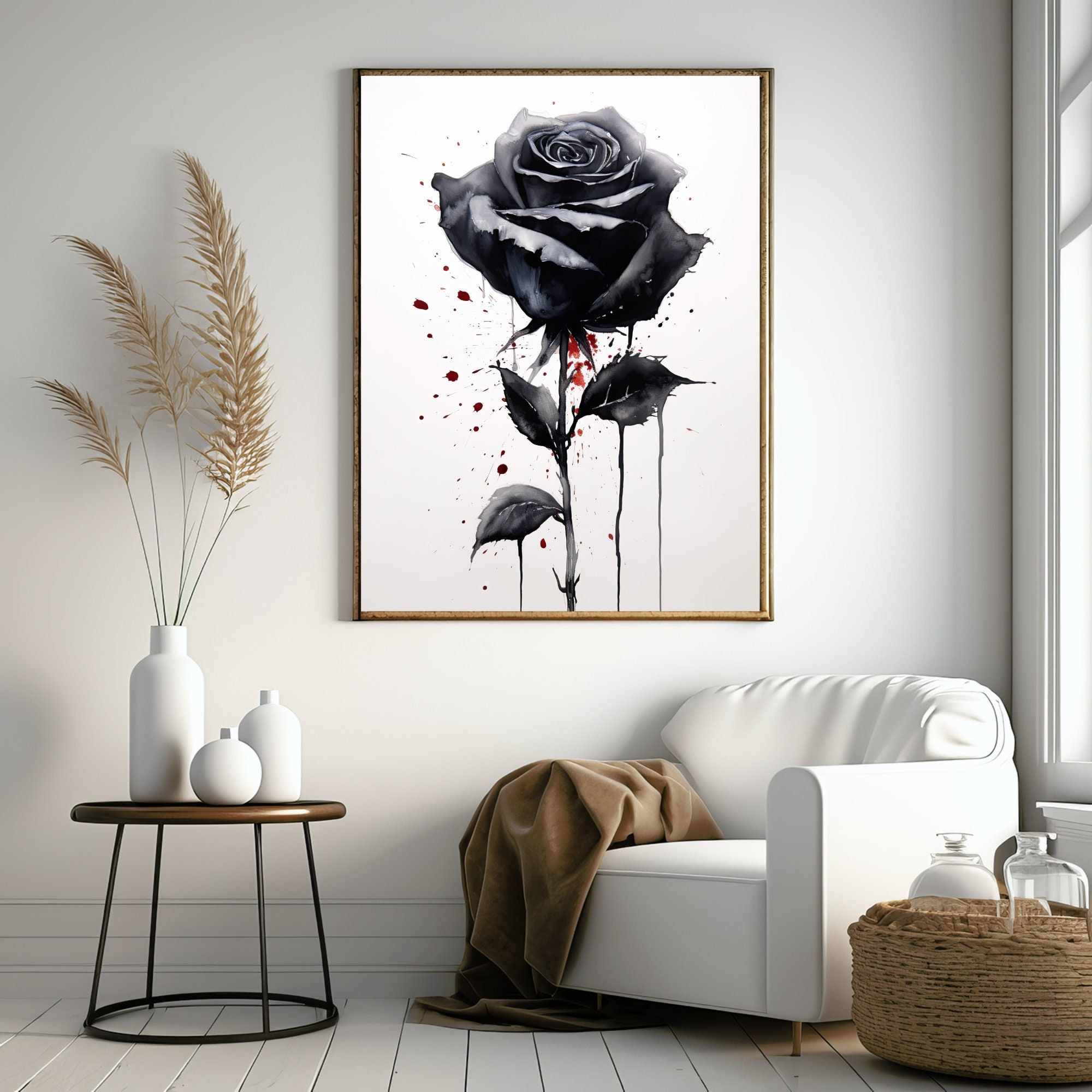 Black Rose Painting, Black and Red Botanical Watercolor Art