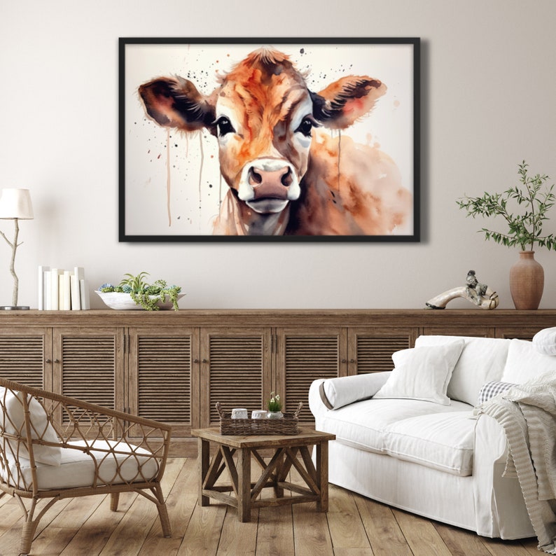 Pittura ad acquerello di mucca, arte di poster di mucca, arte di vitello per casa di campagna, arte di mucca ad acquerello immagine 9