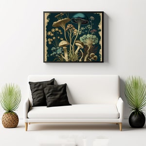 K&ouml;nnte beinhalten: Eine Illustration im Vintage-Stil mit verschiedenen Pilzen in Braun-, Gr&uuml;n- und Blaut&ouml;nen vor einem dunkelblauen Hintergrund. Die Pilze sind von verschiedenen Blattarten umgeben.