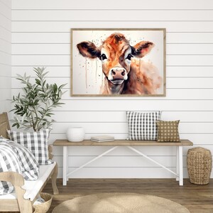 Pittura ad acquerello di mucca, arte di poster di mucca, arte di vitello per casa di campagna, arte di mucca ad acquerello immagine 7