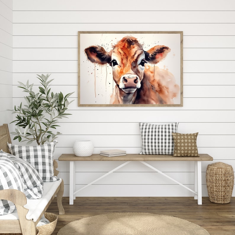 Pittura ad acquerello di mucca, arte di poster di mucca, arte di vitello per casa di campagna, arte di mucca ad acquerello immagine 7