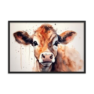 Pittura ad acquerello di mucca, arte di poster di mucca, arte di vitello per casa di campagna, arte di mucca ad acquerello Framed Print