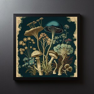 K&ouml;nnte beinhalten: Eine Illustration im Vintage-Stil mit verschiedenen Pilzen in Blaut&ouml;nen, Gr&uuml;n, Gelb und Braun auf einem dunkelblauen Hintergrund. Die Pilze sind von Bl&auml;ttern und Blumen umgeben.