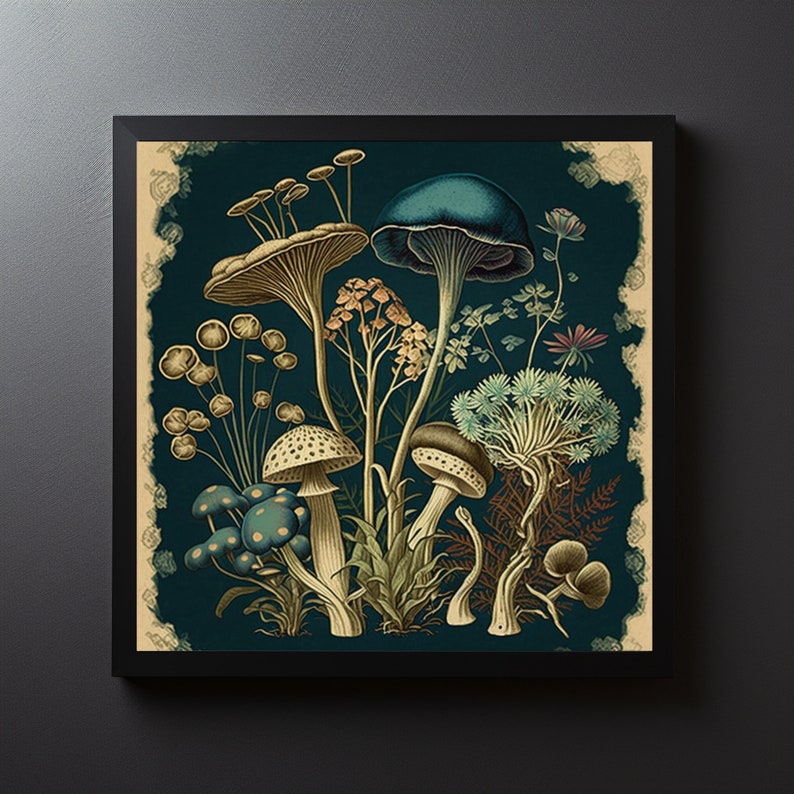 K&ouml;nnte beinhalten: Eine Illustration im Vintage-Stil mit verschiedenen Pilzen in Blaut&ouml;nen, Gr&uuml;n, Gelb und Braun auf einem dunkelblauen Hintergrund. Die Pilze sind von Bl&auml;ttern und Blumen umgeben.