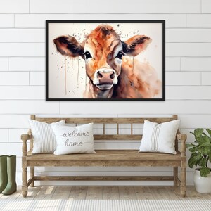 Pittura ad acquerello di mucca, arte di poster di mucca, arte di vitello per casa di campagna, arte di mucca ad acquerello immagine 3