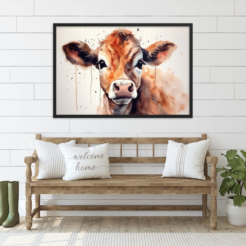 Pittura ad acquerello di mucca, arte di poster di mucca, arte di vitello per casa di campagna, arte di mucca ad acquerello immagine 3
