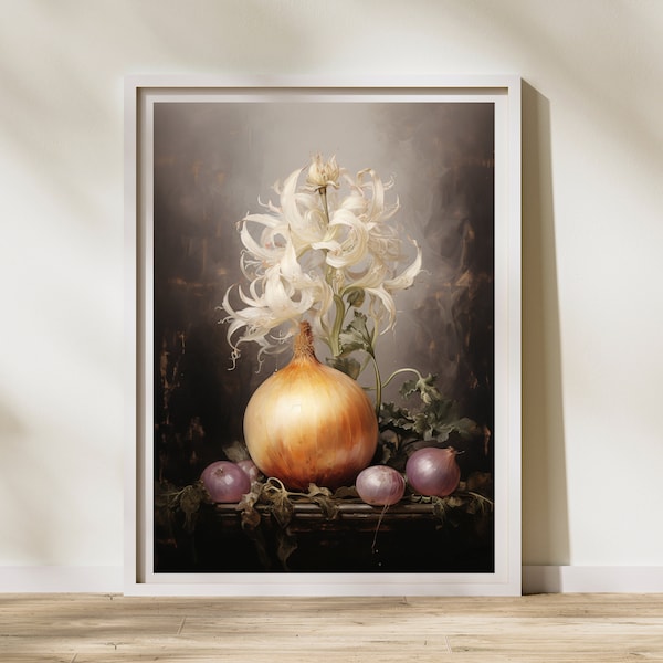 Onion oil painting, vintage onion painting, food oil painting