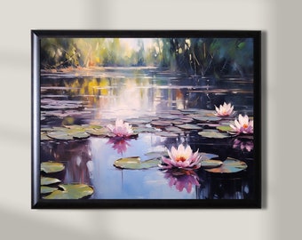 Post-Impressionist Pond, Waterlilies Print, Waterlily Wall Art, Koi Pond Illustration