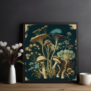 K&ouml;nnte beinhalten: Eine Vintage-botanische Illustration mit verschiedenen Pilzen in Blaut&ouml;nen, Gr&uuml;n, Gelb und Braun vor einem dunkelblauen Hintergrund.