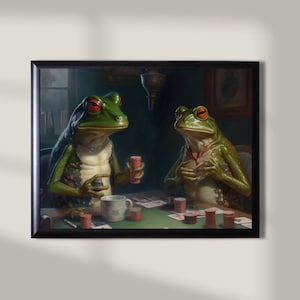 Kikkers die poker spelen, kikker abstracte illustratie, kikker schilderij, kunst aan de muur decor, Cottagecore, cadeau kikker minnaar