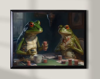 Frogs Playing Poker, Frog Abstract Illustration, Frog Painting, Wall Art Decor, Cottagecore, Frog Lover Gift