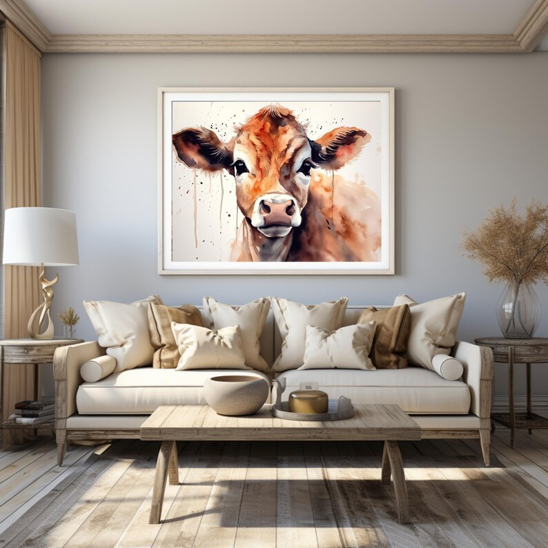 Pittura ad acquerello di mucca, arte di poster di mucca, arte di vitello per casa di campagna, arte di mucca ad acquerello immagine 4