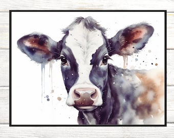 Arte di mucca da latte, mucca Holstein, opere d'arte di mucca, mucca vitello vitellini, arte di fattoria panoramica