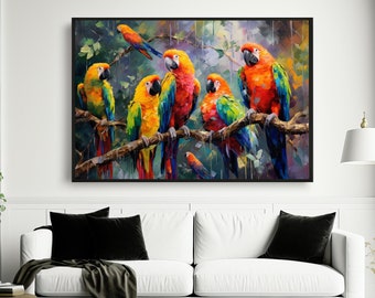 Arte astratta di pappagalli, pittura di pappagalli, carta da parati di pappagalli, pittura di giungla, arte astratta di corridoio