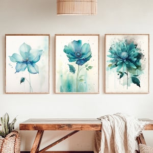Teal Flower Watercolor Print, Set of 3, Flower Watercolor Art Print, Teal Flower Print, Teal Bathroom Print, Blue Watercolor Flowers Bundle