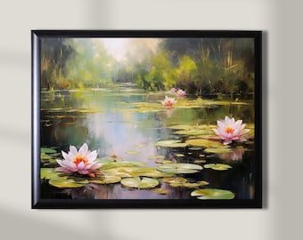 Waterlilies Oil Painting, Green Wall Painting, Waterlilies Painting, Waterlily Wall Art, Waterlilies Print, Gift for New Home