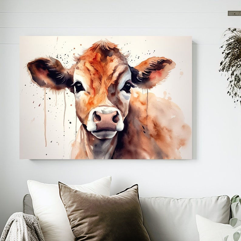 Pittura ad acquerello di mucca, arte di poster di mucca, arte di vitello per casa di campagna, arte di mucca ad acquerello immagine 1