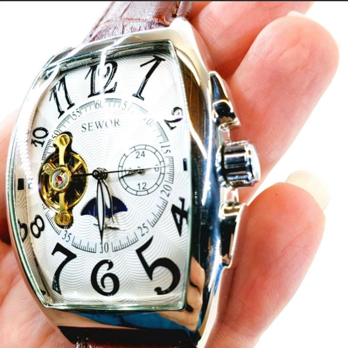 Mens automatic self winding watch brown leather band Etsy