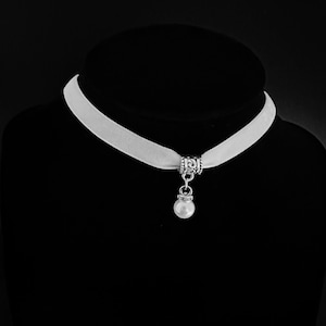 Handmade White Velvet Choker: Silver Pearl Pendant, 90s Boho Necklace