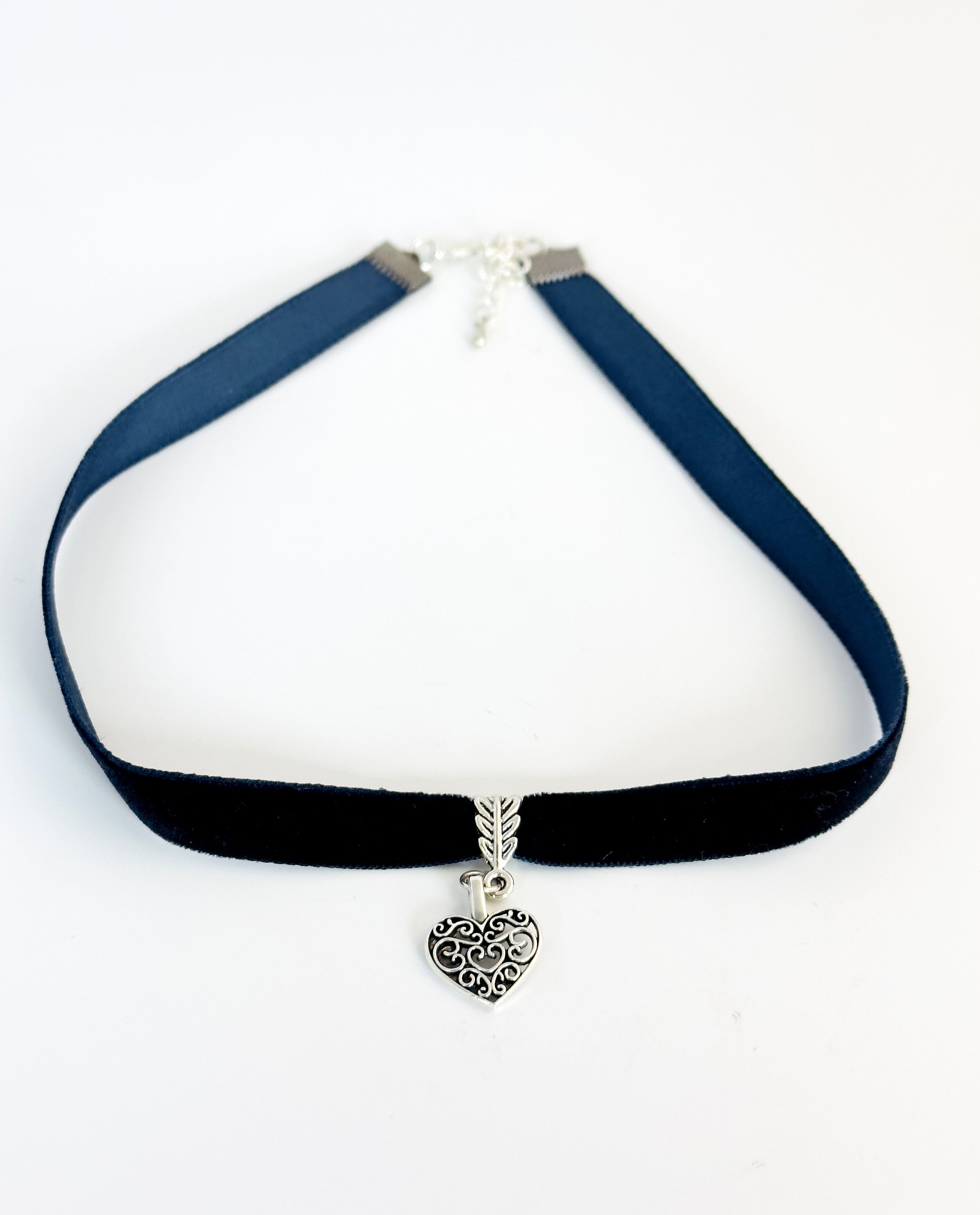 Silver Heart Velvet Choker/navy Blue Velvet Choker/ Antique Heart