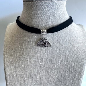 Moth Choker: Antique Silver Pendant, Black Velvet Ribbon, Boho Gothic Necklace