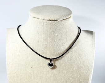 Black Leather Cord Necklace with Stainless Steel Heart Pendant