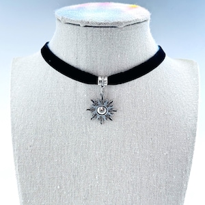 Silver Sun Charm Black Velvet Choker: Handmade Boho Necklace