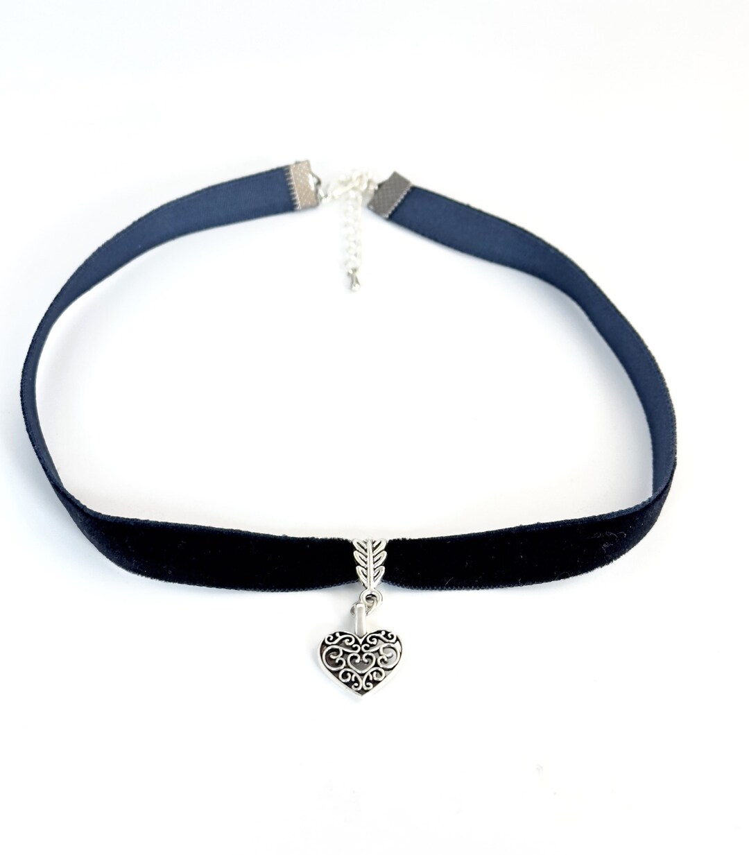 Silver Heart Velvet Choker/navy Blue Velvet Choker/ Antique Heart