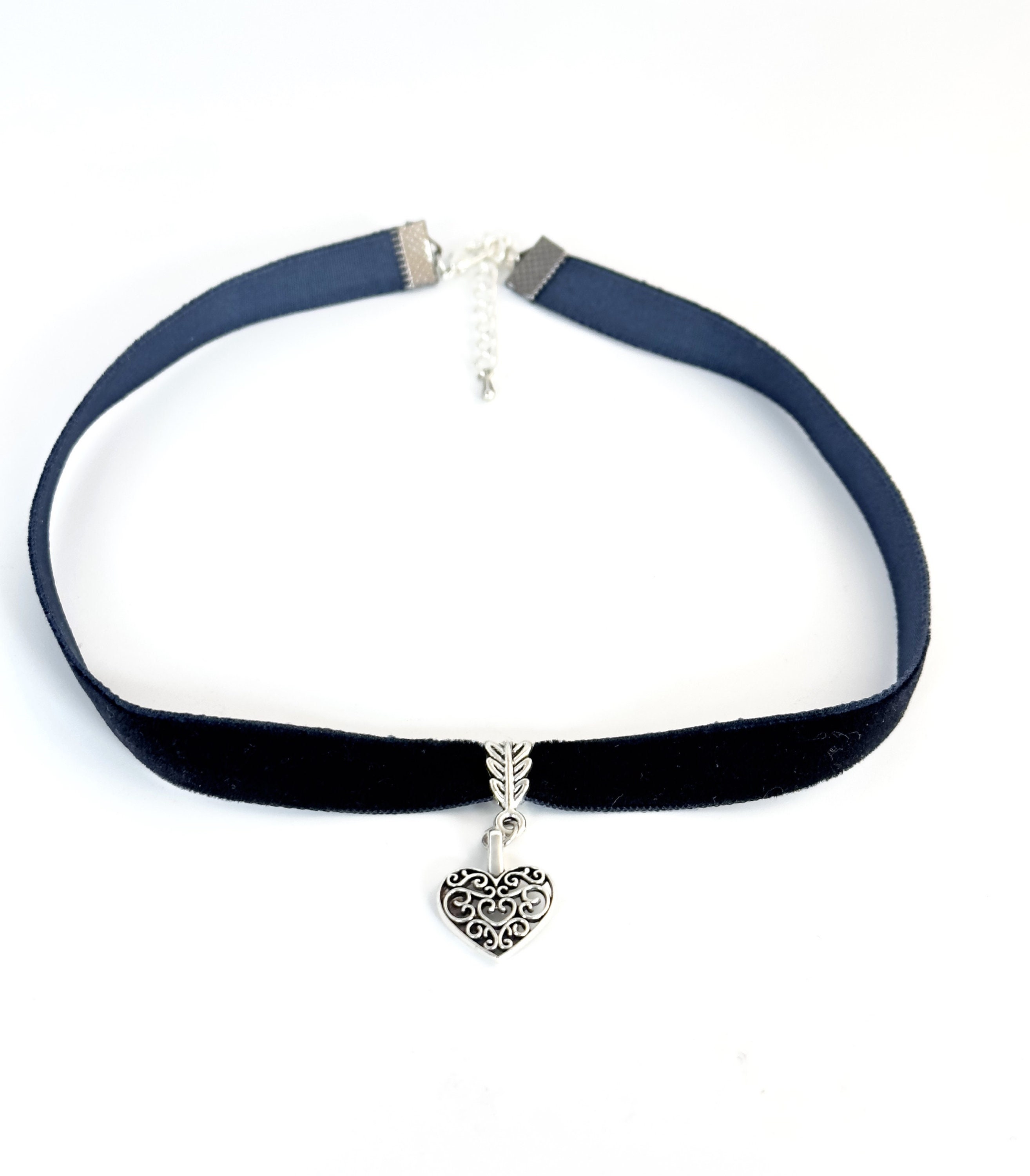 Silver Heart Velvet Choker/navy Blue Velvet Choker/ Antique Heart