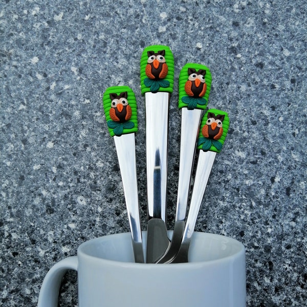 Owl cutlery covered with polymer clay FIMO. Spoon, fork, teaspoon, decorated spoon, Cutlery for kids, For girls. Fun spoon, Gift