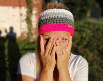 Crochet Pink Grey  headband, winter hairband for her, colourful headband, ear warmer, gift for her, messy bun,