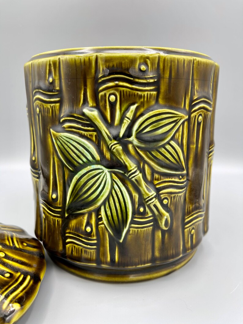 Vintage Green Bamboo Floral Cookie Jar
