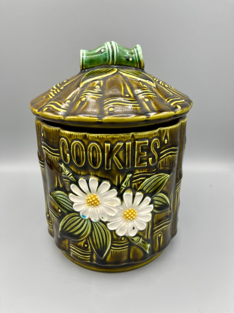 Vintage Green Bamboo Floral Cookie Jar