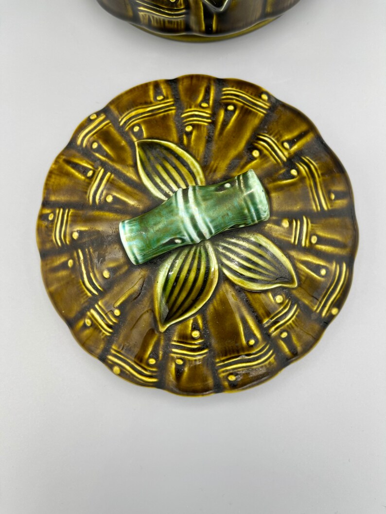 Vintage Green Bamboo Floral Cookie Jar