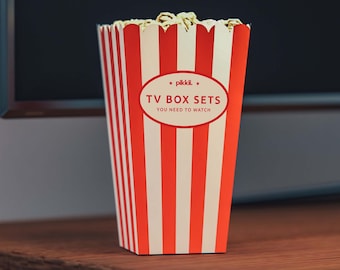 TV Box Set Popcorn Bucket List | Top 100 TV Box Sets of All Time | Gift for TV Show Lovers | Retro Popcorn Box Party Gift