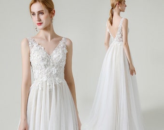 White V Neck Backless Tulle Long Gown, White Wedding Long Dress, Bride White Flower Tulle Dress
