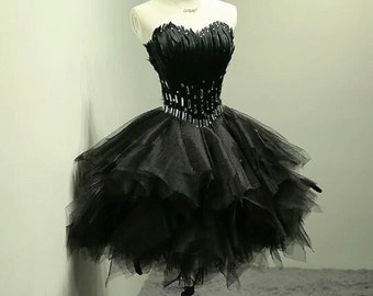 Robe de bal noire en plumes cygne pailletée, robe en tulle plumes de cygne, robe tutu noire en véritables plumes