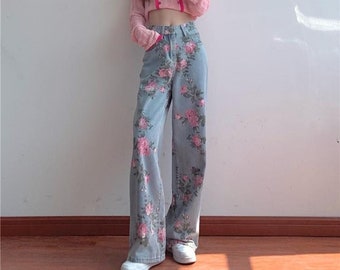 Pantalon Fleur femme, Pantalon Ensaché en Denim, Pantalon Jean Floral, Pantalon Jean Flare Bleu Clair, Pantalon Fleur