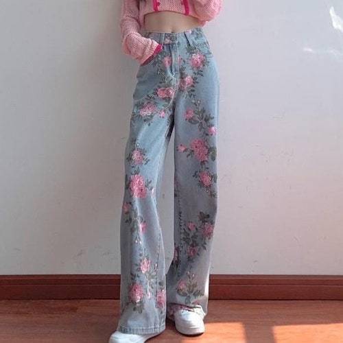 Women Flower Pants Denim Baggy Trousers Floral Jean Pants - Etsy